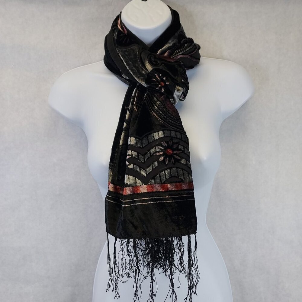 Velvet Burnout Scarf Shawl Rectangle Sheer Tassel Heart Paisley Witch Whimsigoth - Picture 3 of 10